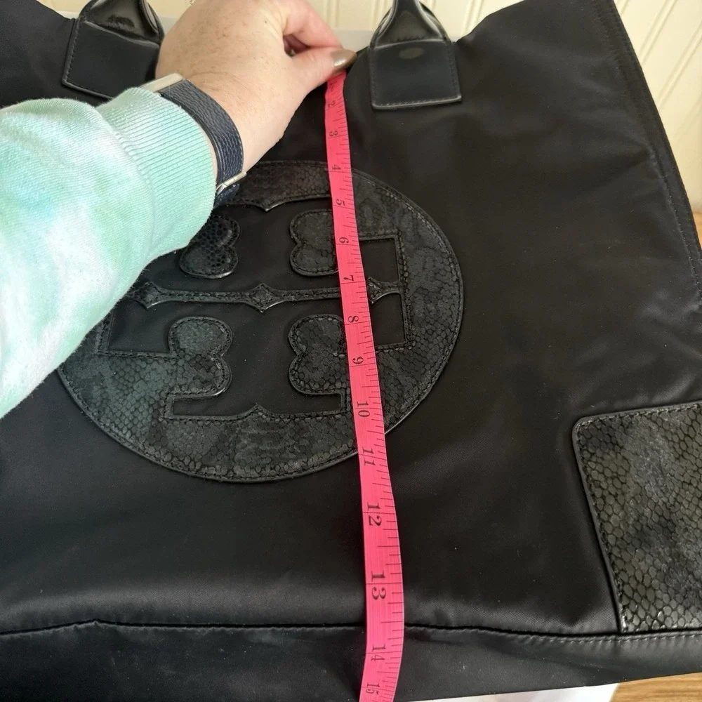 Tory Burch Large Ella Tote Black Nylon Snake Skin Logo Shoulder Overnight Bag